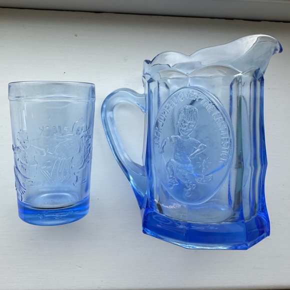Vintage Tiara Child’s Nursery Rhyme Blue Mini Pitcher with Jack & Jill Tumbler - Picture 2 of 4